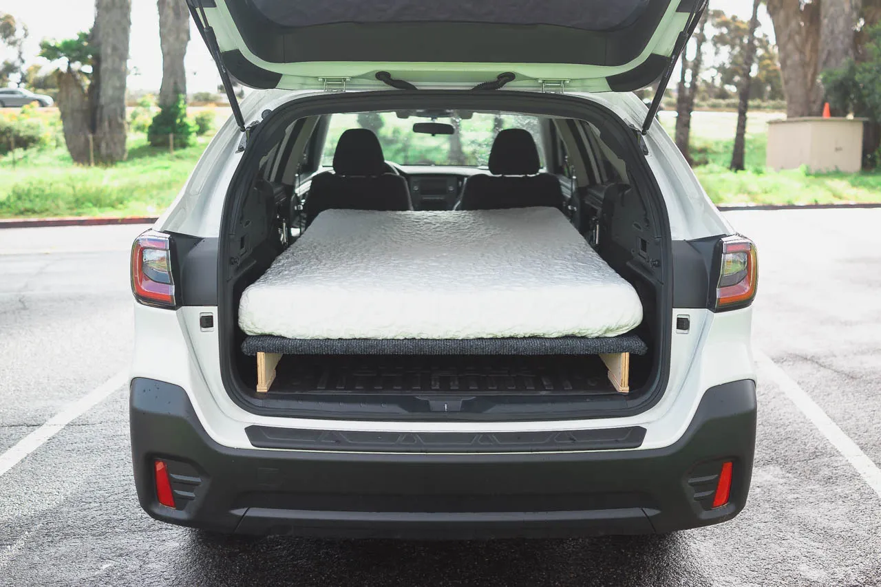Subaru Outback Vanlife DIY bed platform with Zinus memory foam mattress